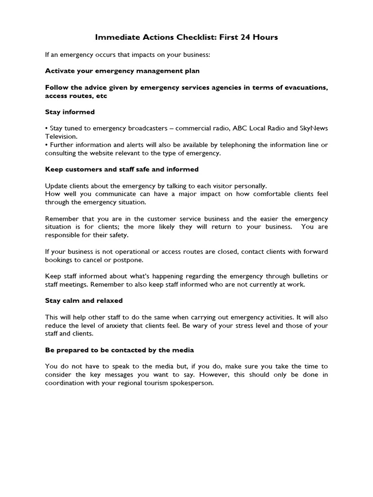 Immediate Actions Checklist First 24 Hours | PDF