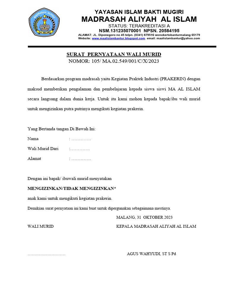 Surat Pernyataan Wali Murid | PDF