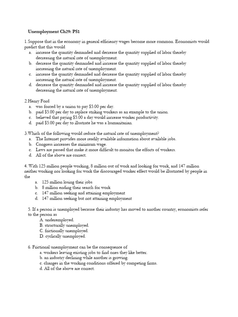 Economics Unemployment Quiz | PDF | Unemployment | Labour Economics
