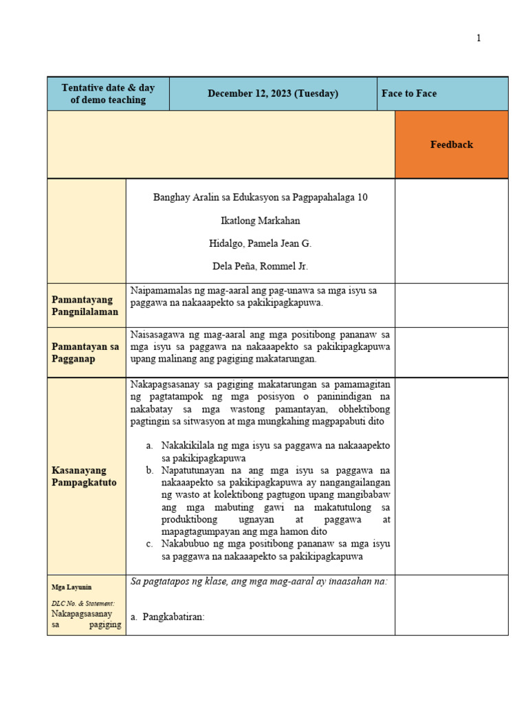 3r Demo No 9 Hidalgo A Dela Pena B Lesson Plan 3 | PDF