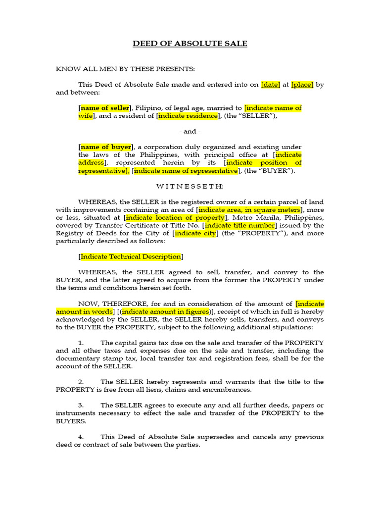 Bilateral Deed of Absolute Sale Template | PDF | Deed | Sales