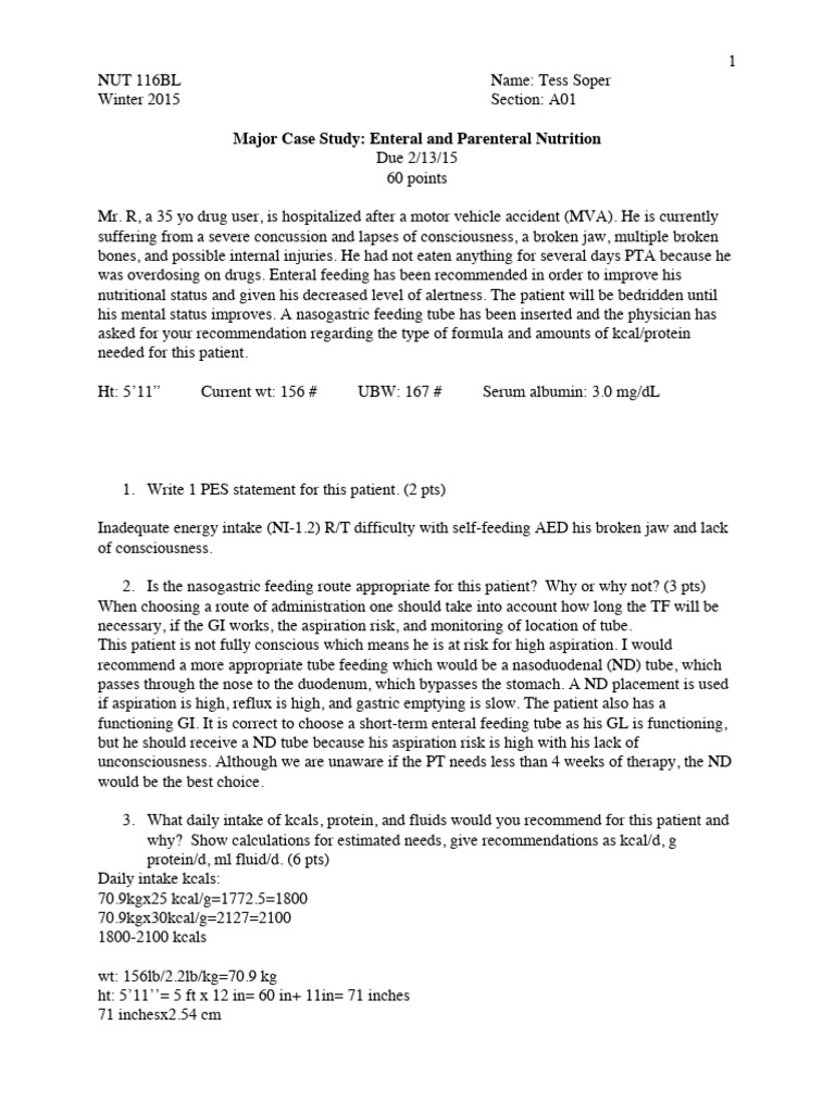 Enteral and Parental Nutrititon Case Study PDF Clinical Medicine