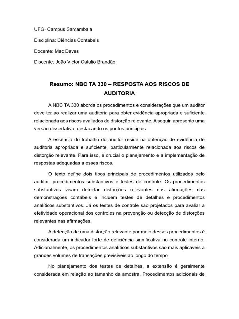 Resumo NBC Ta 330 - JVCB | PDF | Contabilidade | Relatório anual