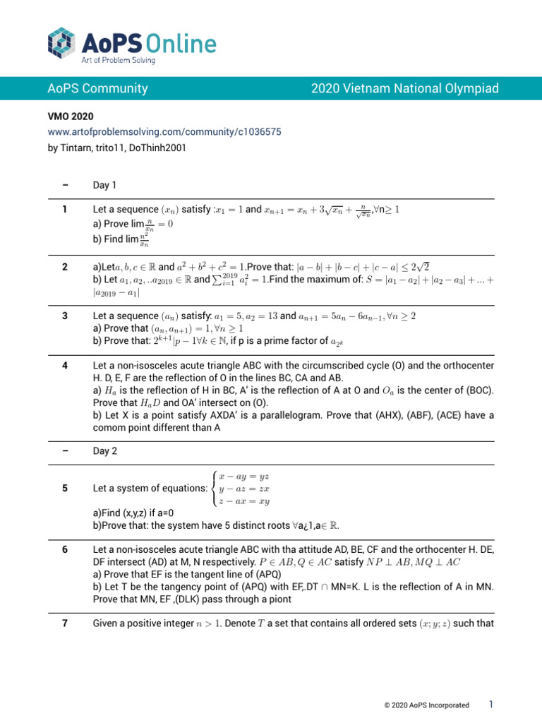 2020 Vietnam National Olympiad Problems | PDF | Elementary Geometry ...