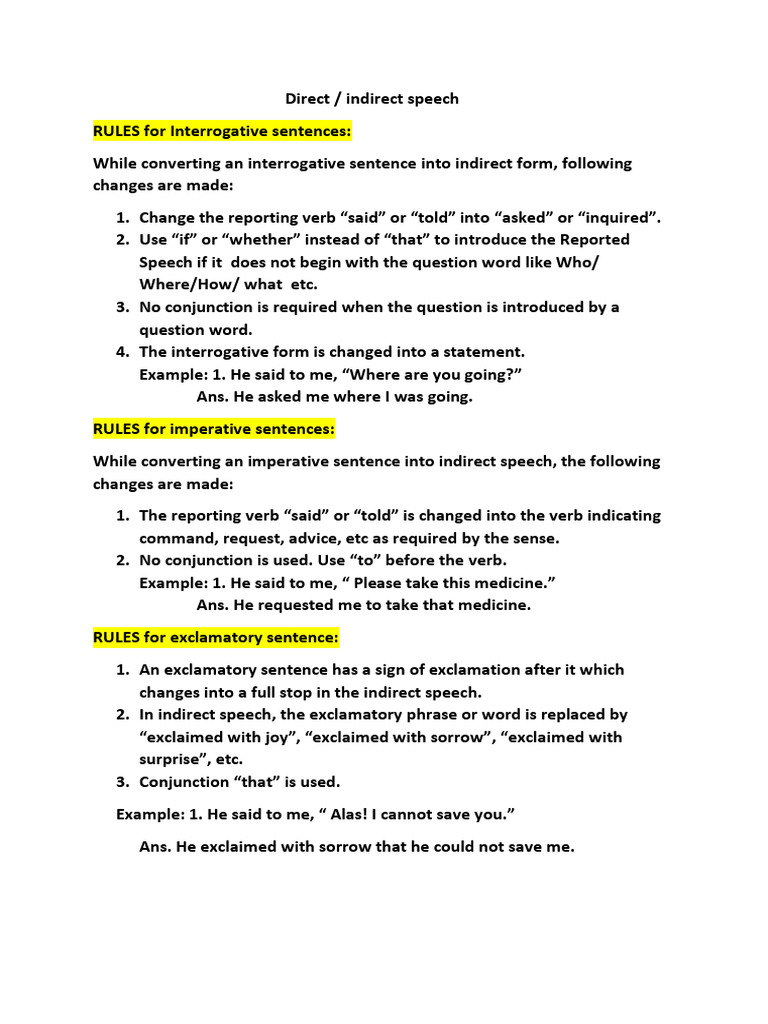 Direct Indirect Rules Exclamatory, Interrogative and Imperative | PDF ...