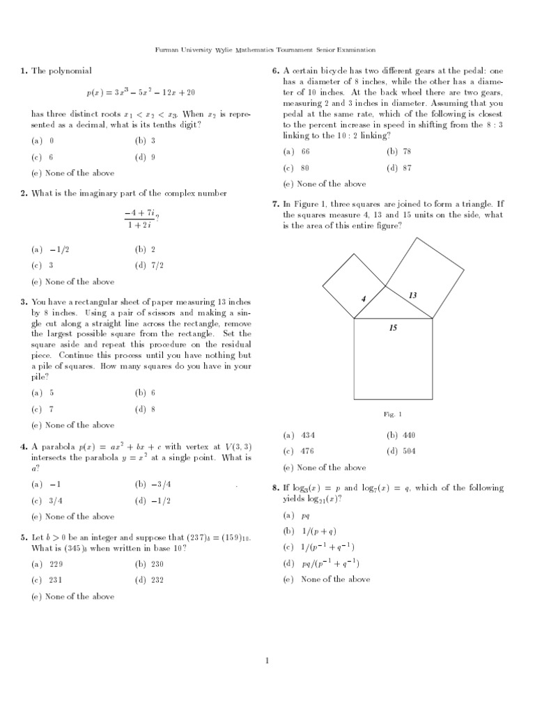 Furman Math Tournament, Senior Exam 1996 | PDF | Mathematical Concepts ...