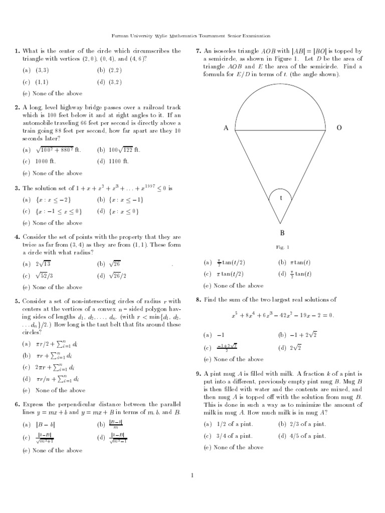 Furman Math Tournament, Senior Exam 1997 | PDF | Area | Numbers