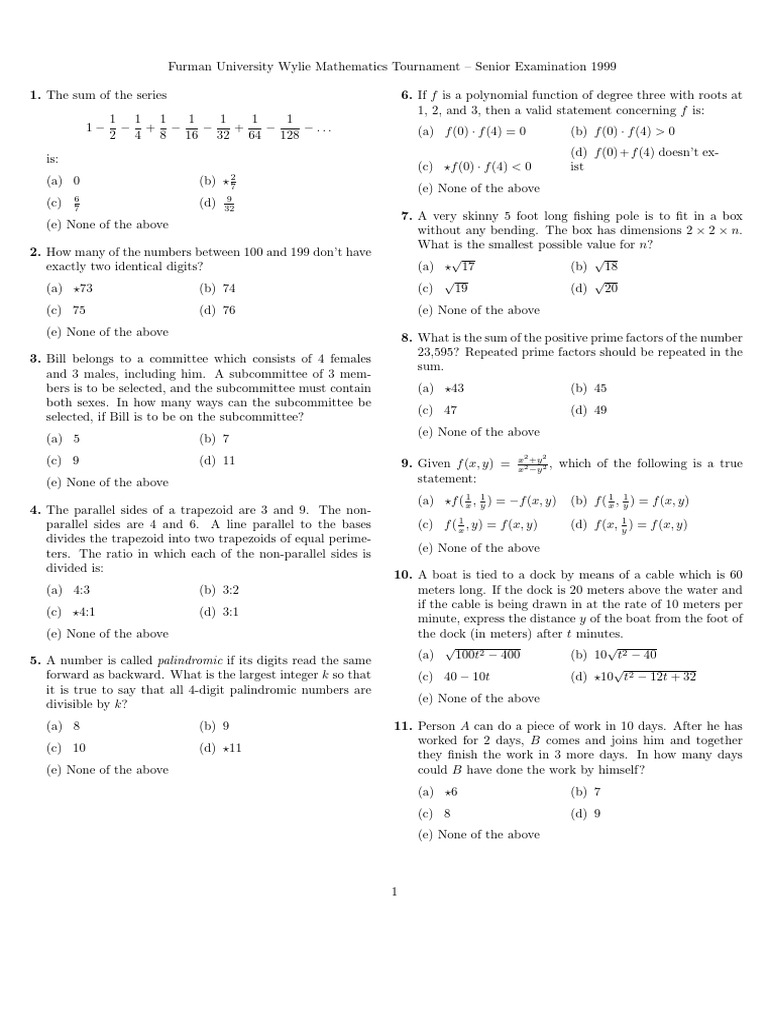 Furman math tournament senior exam 1999 pdf square root