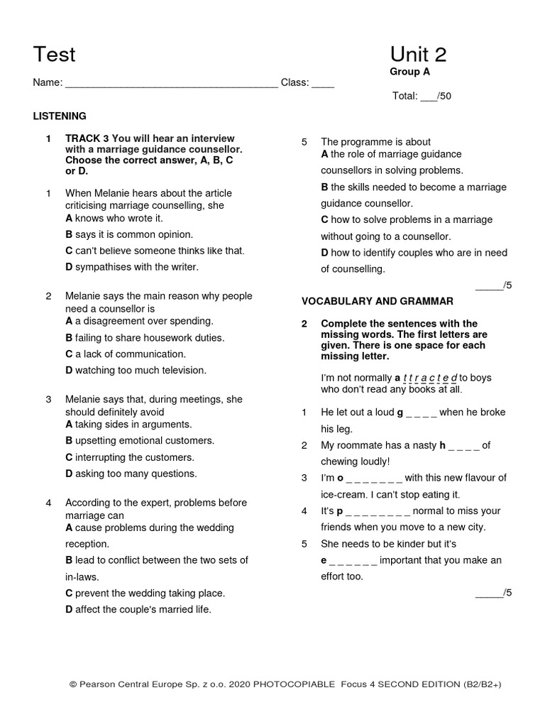 Focus4 2E Test Unit2 GroupA 2kol | PDF | Language Arts & Discipline ...