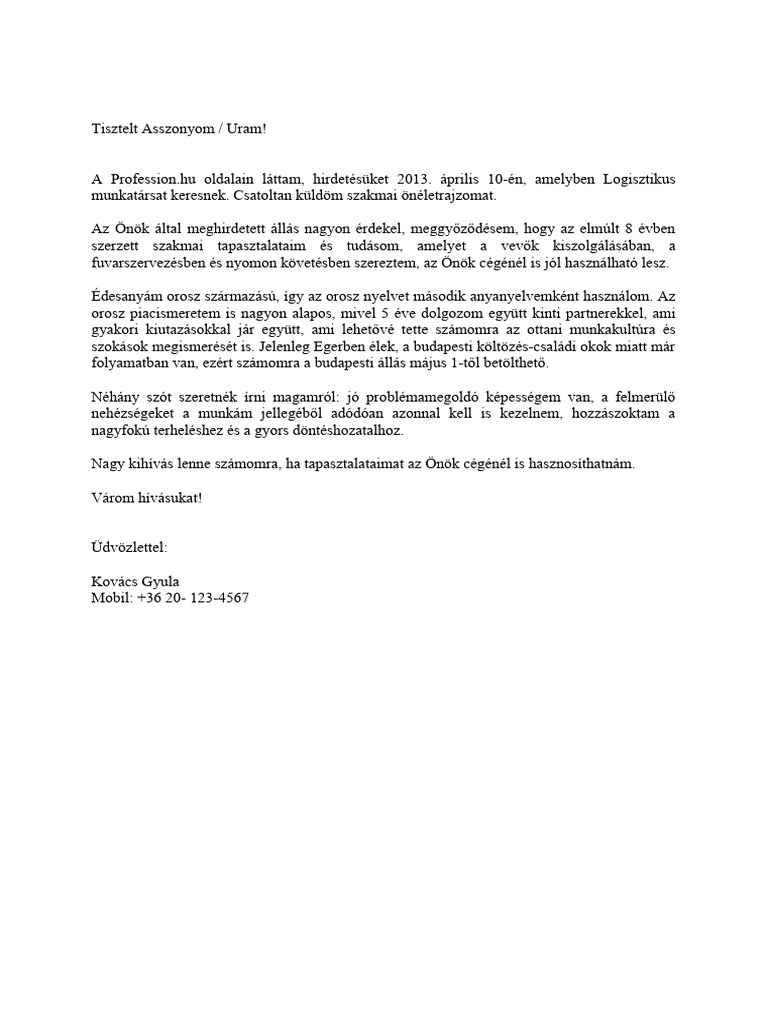 Gyakorlattal Logisztikus Kiserolevel | PDF