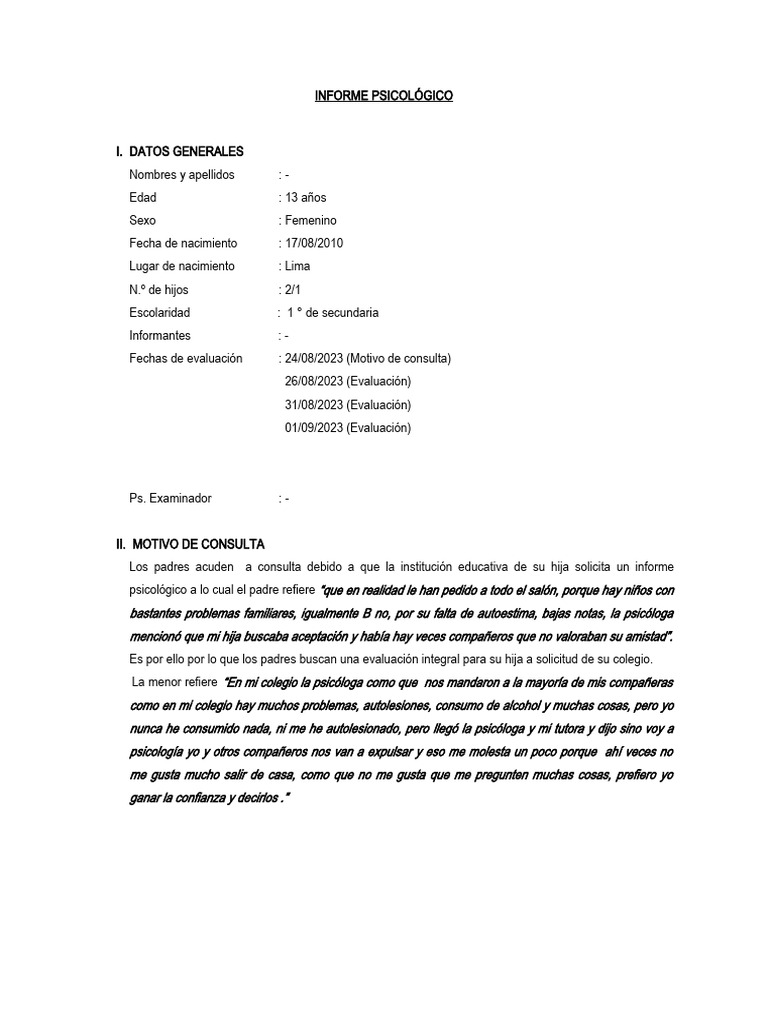 Informe Psicológico de Adolescente | PDF | Psicoterapia | Las emociones