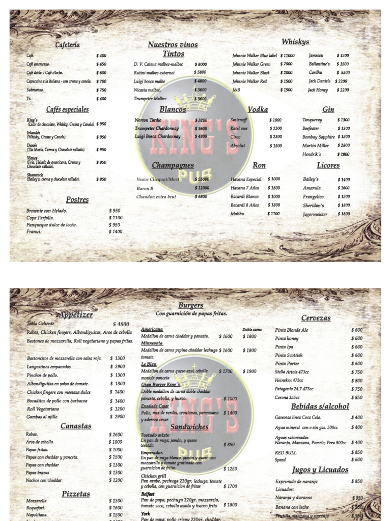 Menú de Kings: Platos y Bebidas | PDF | Carne | Cocina occidental
