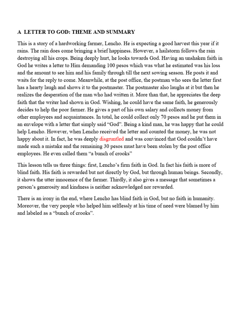 Class 10th English Chapter A Letter To God Summary