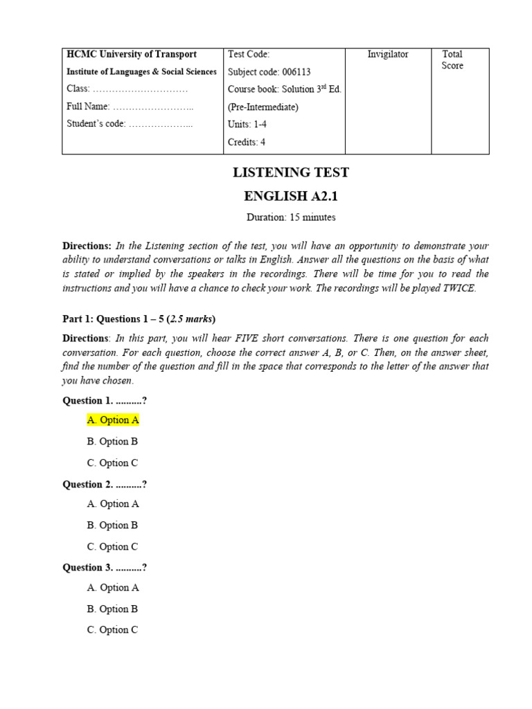 A2 1 Listening Test Format Pdf Conversation Human Communication