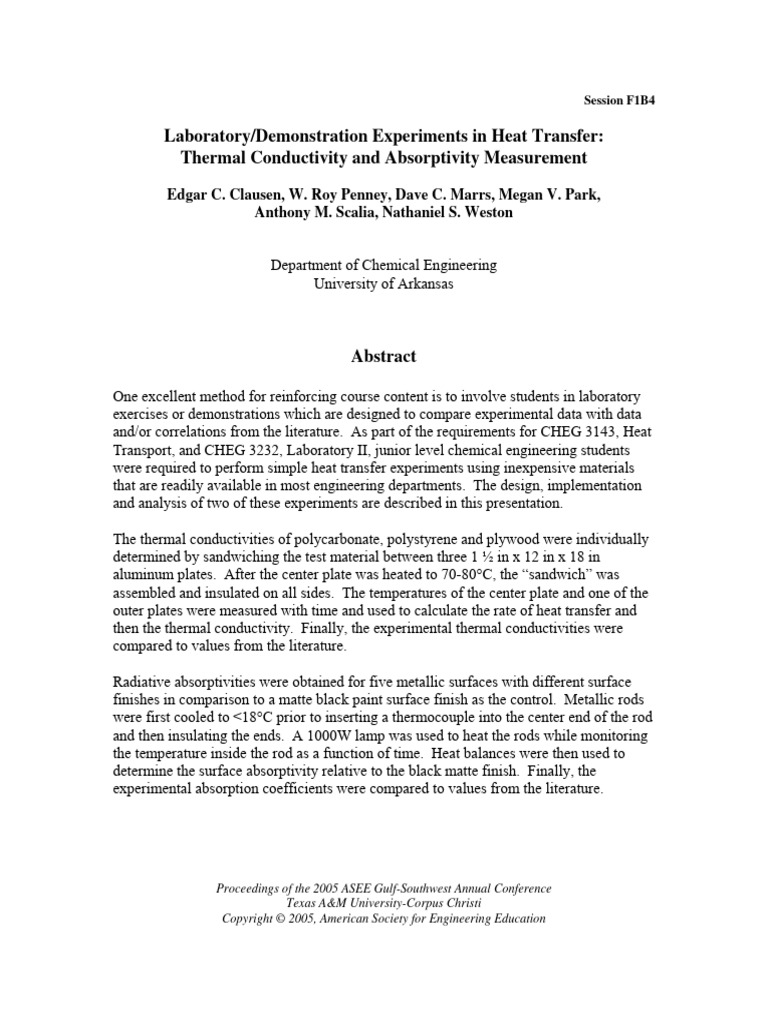 Laboratory Demonstration Experiments in Heat Transfer Thermal ...