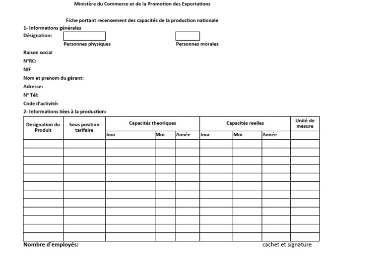 Nouvelle Fiche de Recensement Des Capacités de La Production Nationale ...