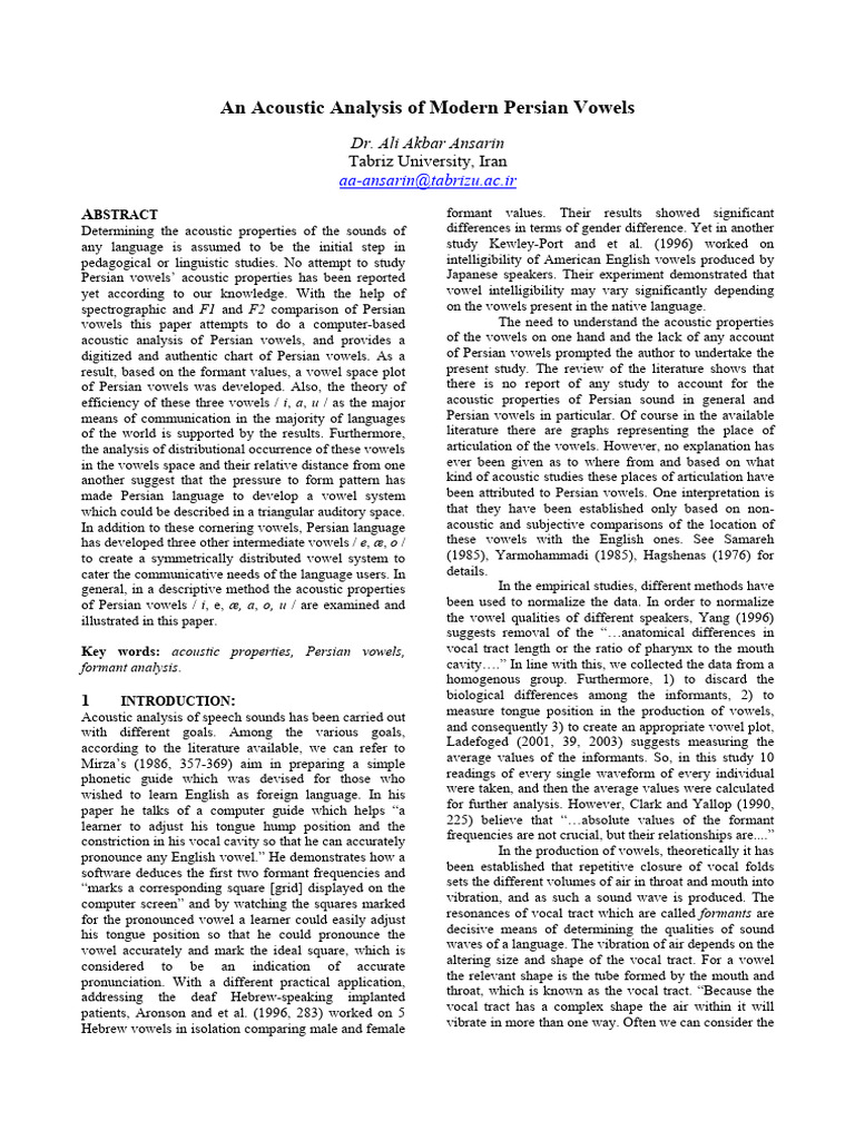 An Acoustic Analysis of Modern Persian Vowels | PDF | Vowel | Phonetics