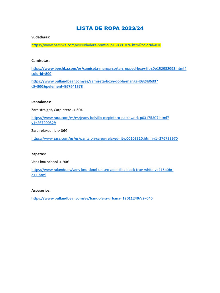 Lista de Ropa 2023-24 | PDF