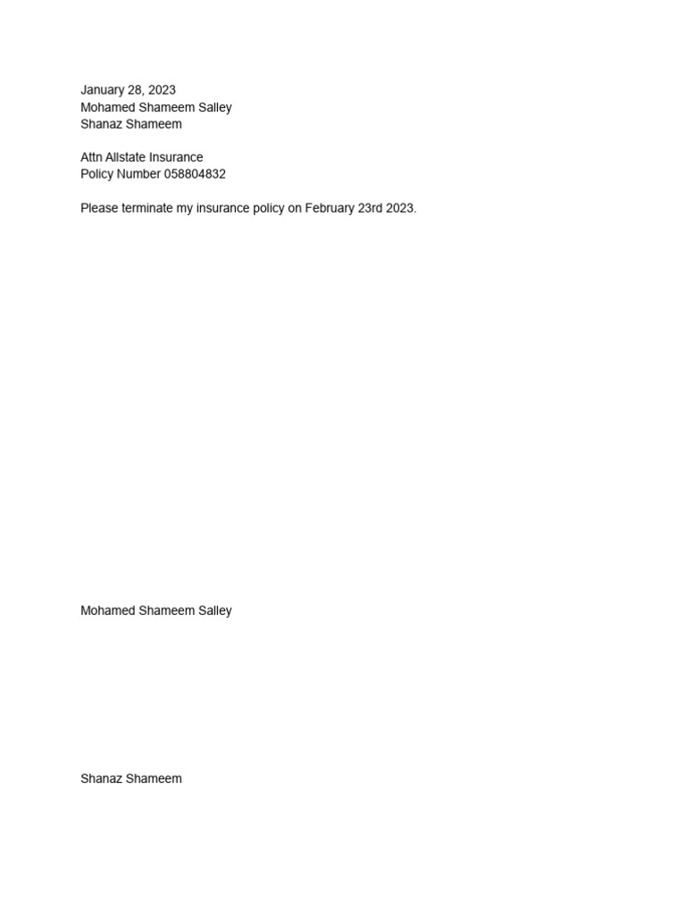 Termination of Allstate Policy Request | PDF