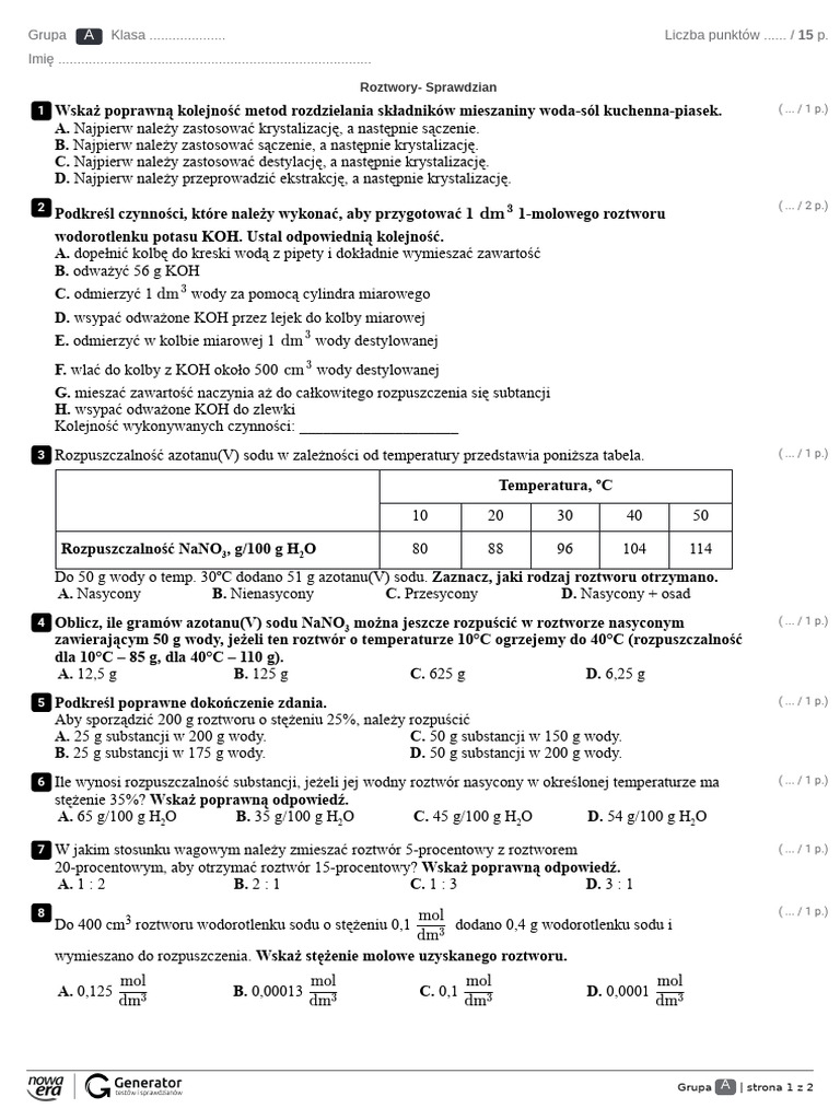 Roztwory Sprawdzian Test (Z Widoczną Punktacją) PDF