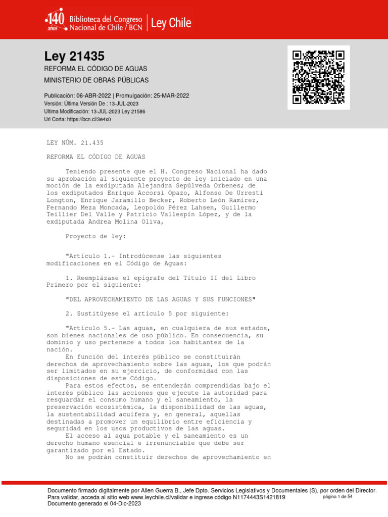 Ley 21435 - 06 ABR 2022 | PDF | Agua subterránea | Agua