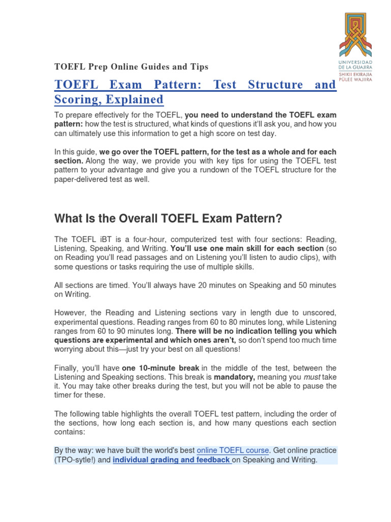 TOEFL Exam Structure & Scoring Guide | PDF | Test Of English As A ...