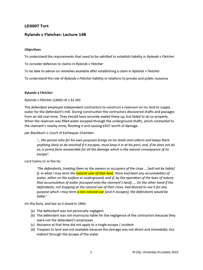 13 and 14 - Tort Rylands V Fletcher | PDF | Strict Liability | Private Law