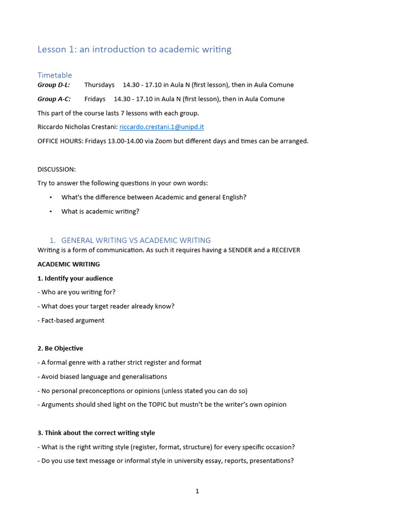 Lesson 1 - An Introduction To Academic Writing | PDF | Thought | Noun