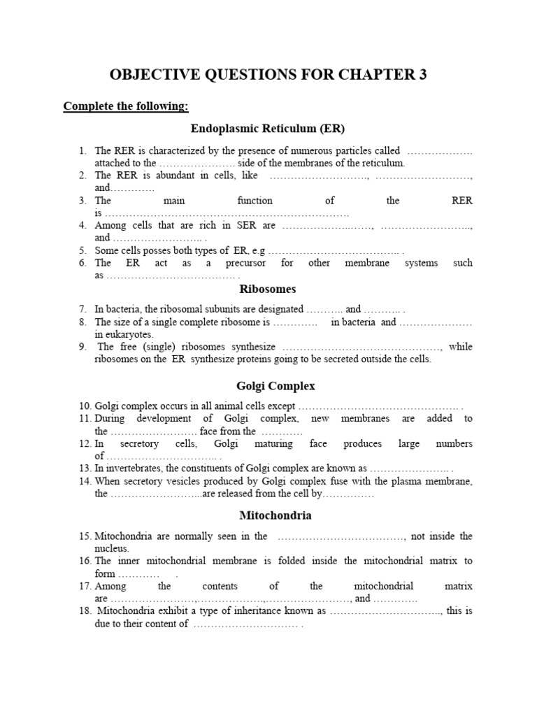 Objective Questions on Cell Organelles | PDF | Endoplasmic Reticulum ...