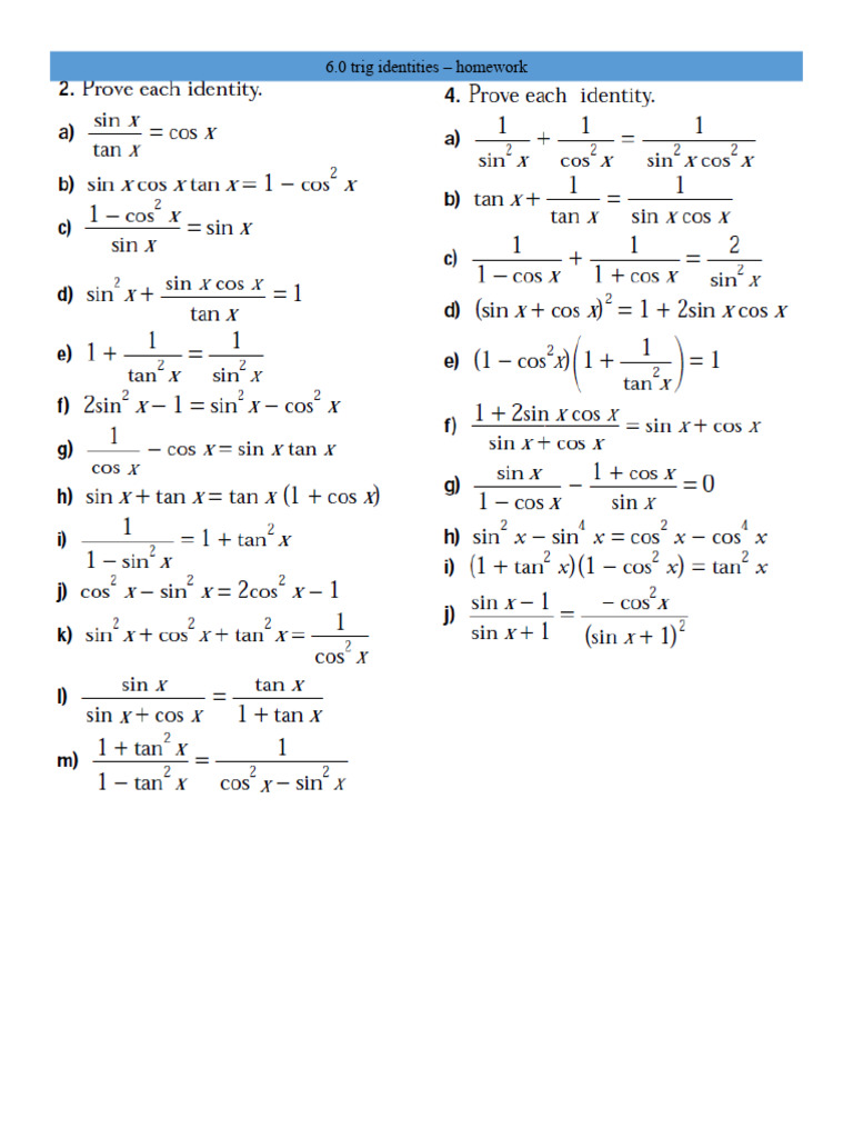 6.0 Trig Identities Homework PDF