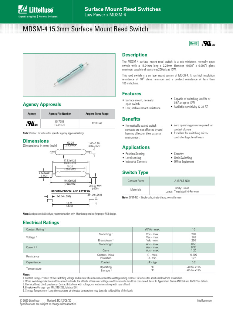 Littelfuse Reed Switches MDSM 4 Datasheet pdf-938384 | PDF | Switch ...