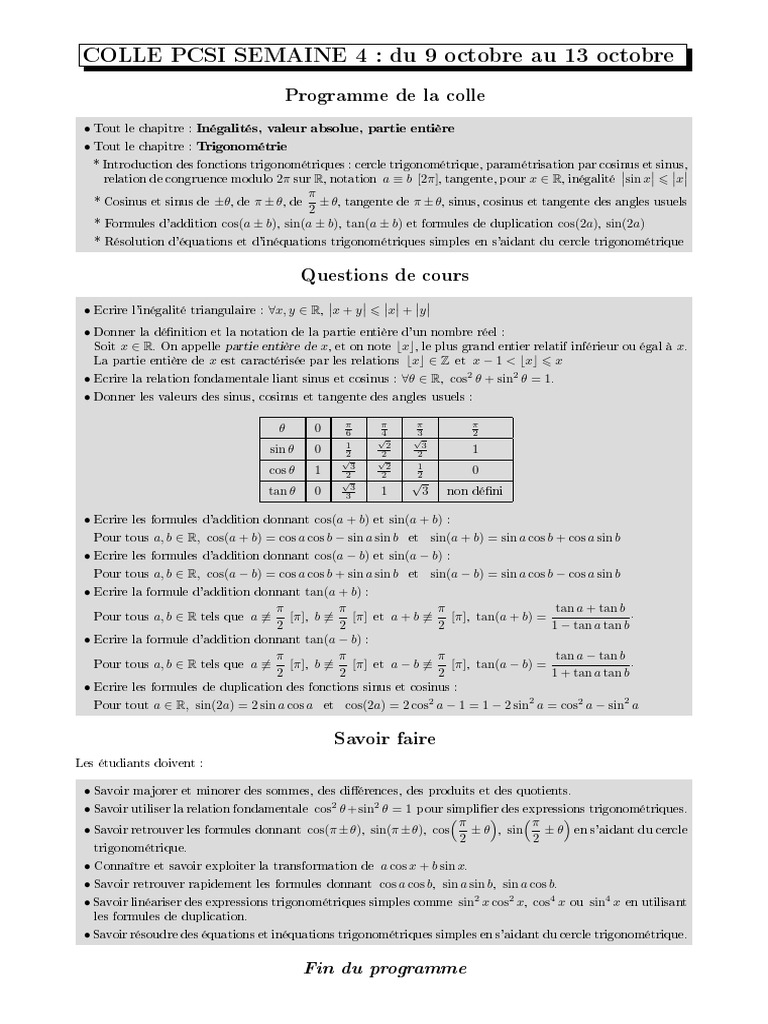 Programme Colle PCSI S4 2023 - 2024 | PDF | Fonction trigonométrique ...