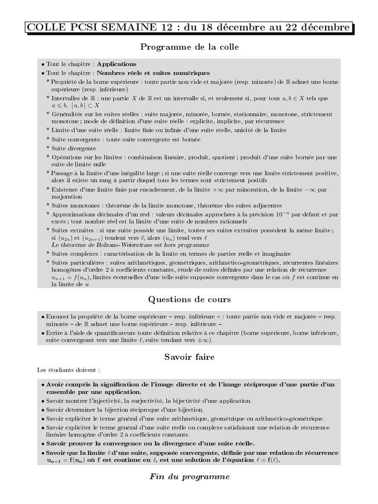 Colle PCSI S12 : Applications et Suites | PDF | Séquence | Limite ...