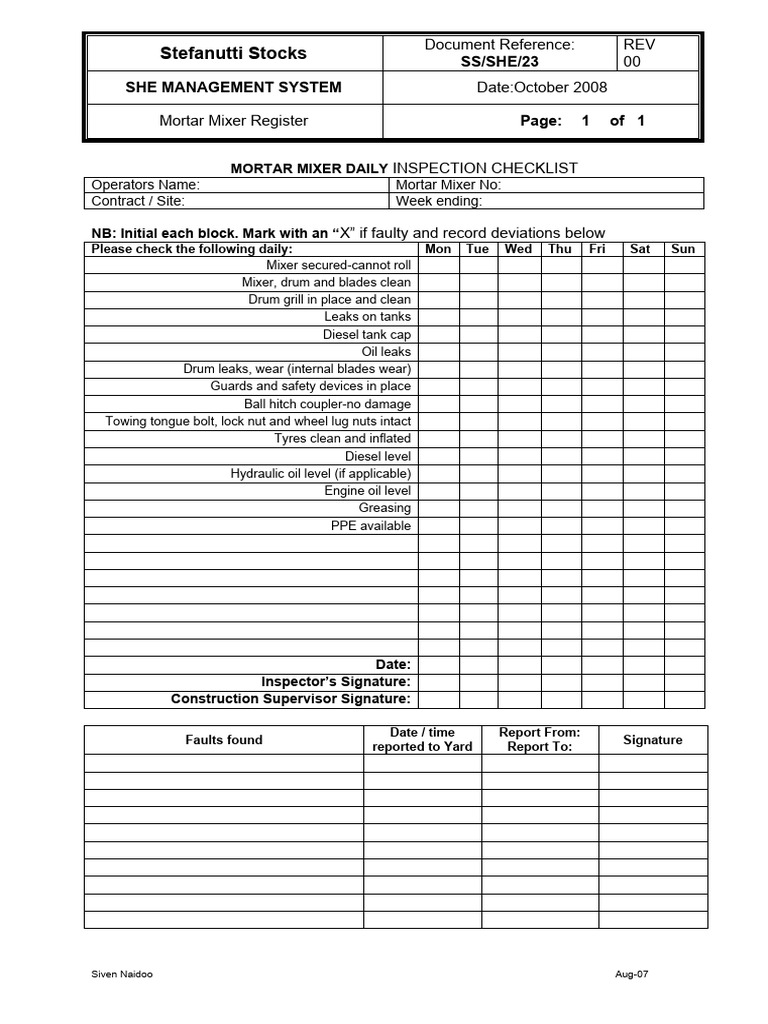 Mortar Mixer Daily Checklist PDF