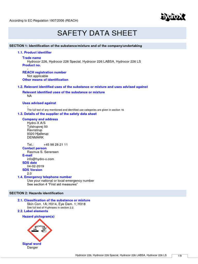 Hydrocor 226 Safety Data Sheet | PDF | Personal Protective Equipment ...