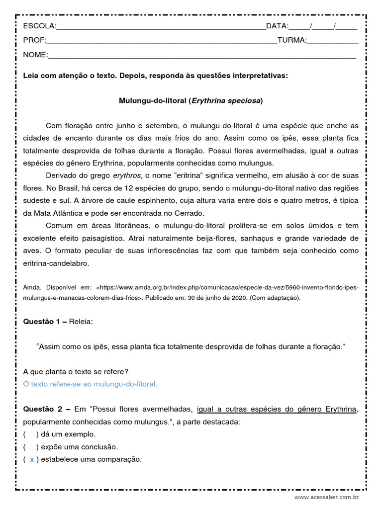 Interpretacao de Texto Mos Dias Frios 5o Ano Respostas | PDF | Vermelho ...