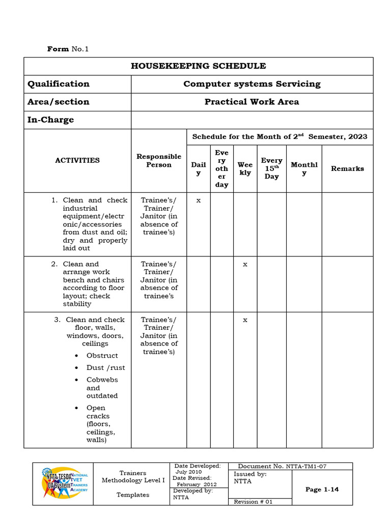 Housekeeping Schedule (for Check) PDF Manufactured Goods Home