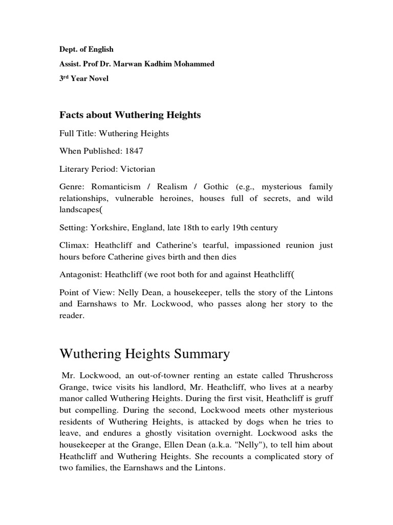 Wuthering Heights Summary PDF Heathcliff (Wuthering Heights