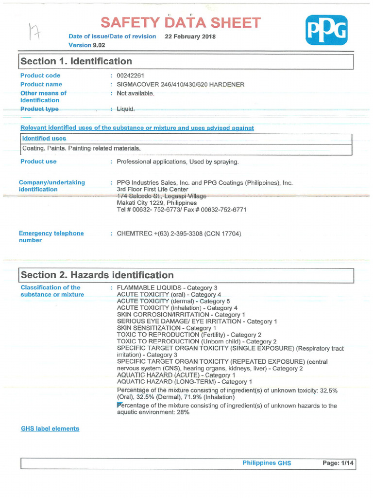 Paint, Sigmacover 620 Hardener (PPG) PDF