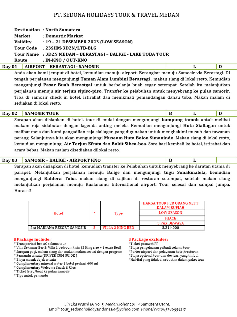 3D2N Medan - Berastagi - Balige - Lake Toba Tour | PDF