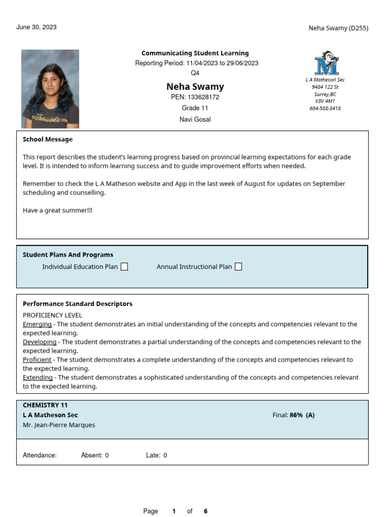 Neha Swamy's Grade 11 Report Card | PDF | Teachers | Learning