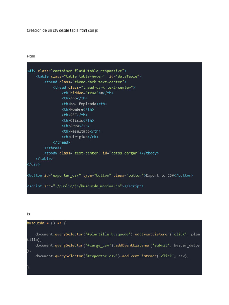 Creacion de un csv desde tabla html con js pdf comma separated