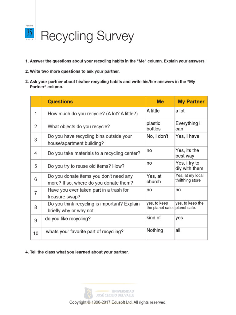 09IntermediateIIHandout35Unit9RecyclingRecyclingSurvey PDF