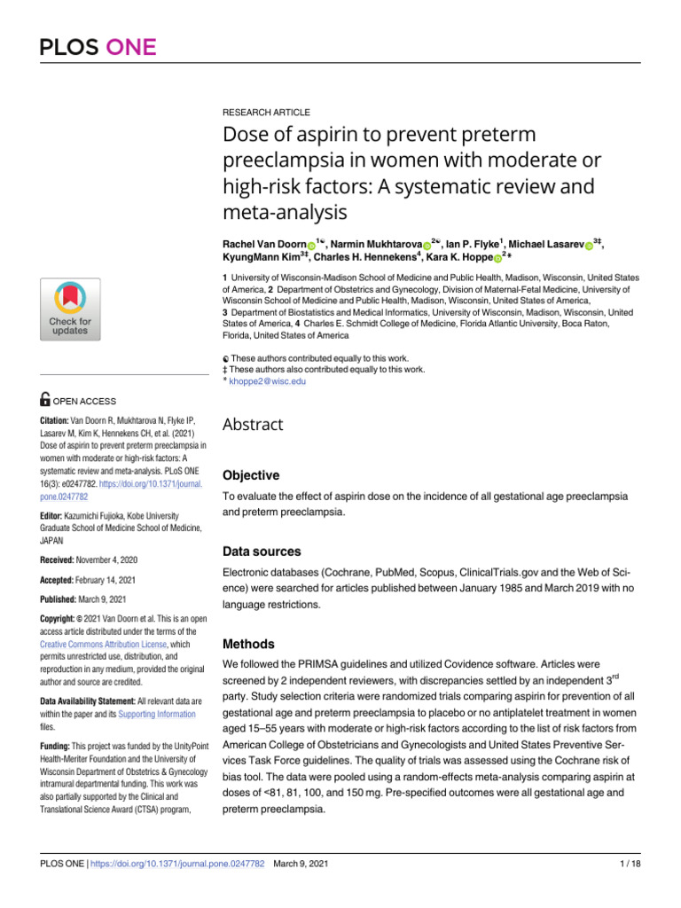 Dose of Aspirin to Prevent Preterm Preeclampsia In PDF Preterm