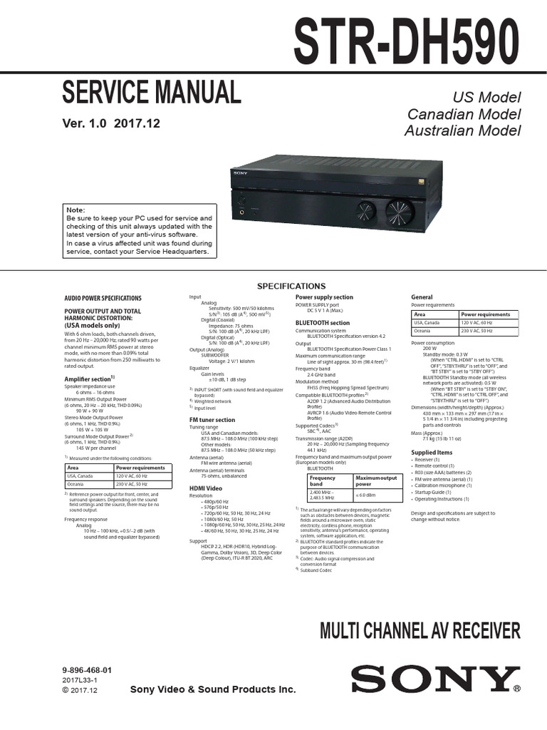 Sony Str-dh590 Ver.1.0 SM | Download Free PDF | Soldering | Antenna (Radio)