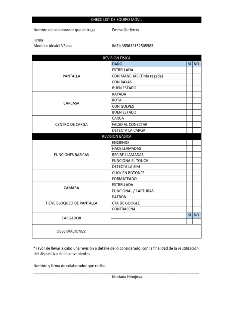 Checklist de Revisión de Celulares | PDF
