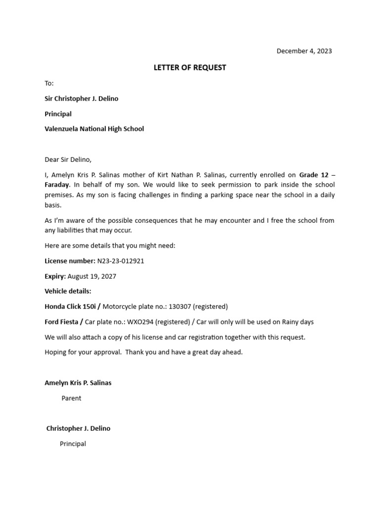 Parking Request Letter Example PDF