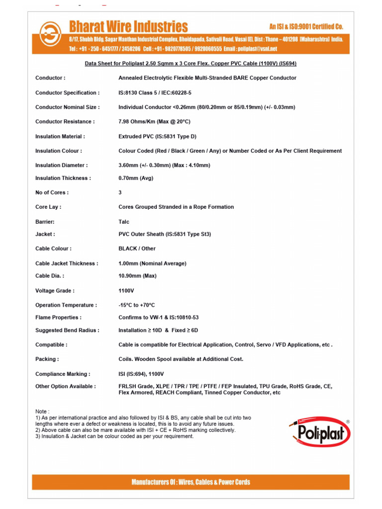 Electrical Cable Specifications | PDF