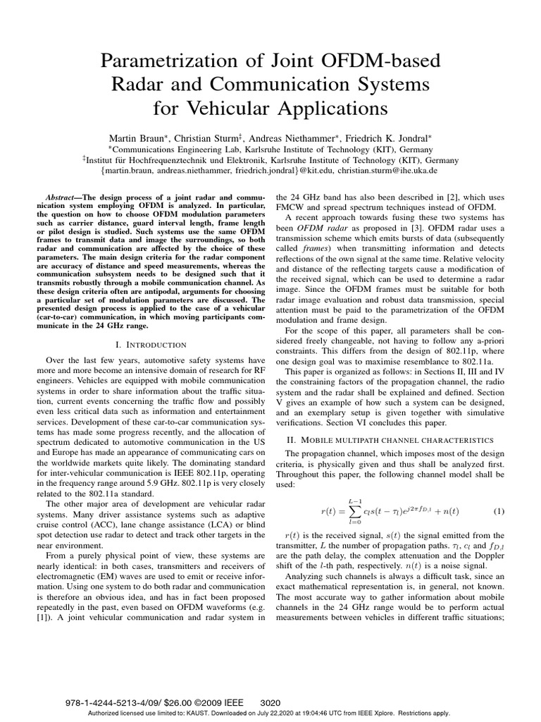 OFDM for Joint Radar and Communication | PDF | Orthogonal Frequency ...