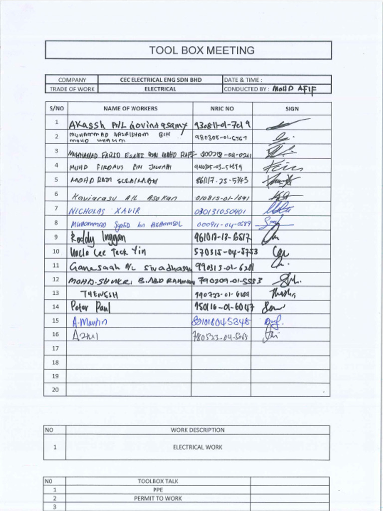 TOOLBOX ATTENDANCE | PDF